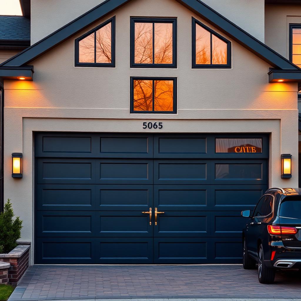 Modern Navy Blue Door - Custom mid-century modern design with brass hardware by Garage Door New Fairfield