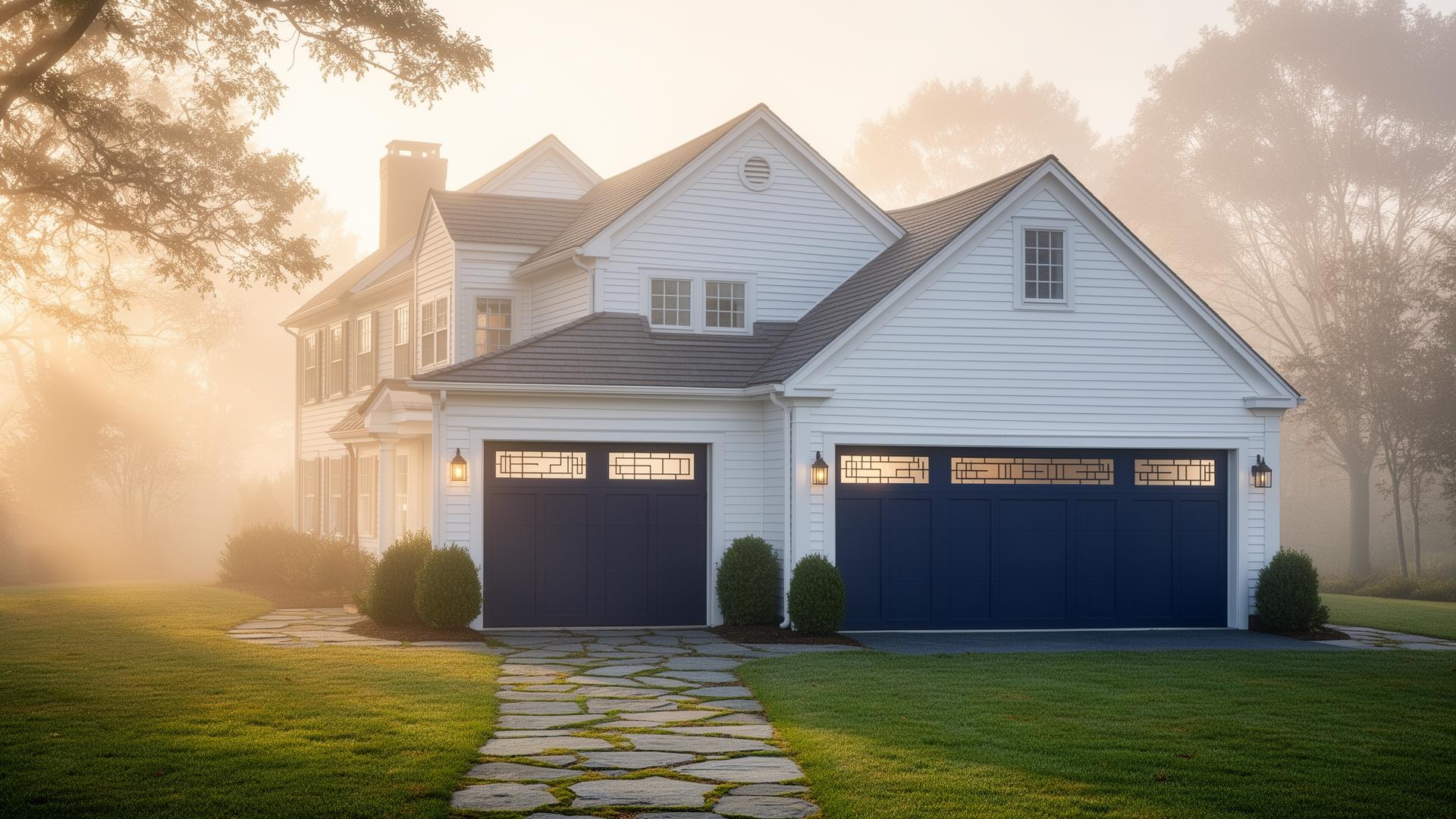 Beautiful New England colonial home with elegant navy blue mid-century modern garage doors featuring geometric window patterns